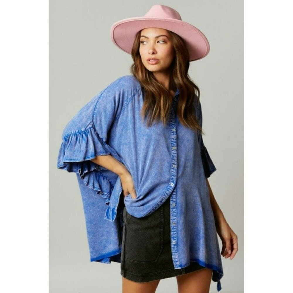 Time Flies Acid Washed Ruffled Shirt in Royal Blue